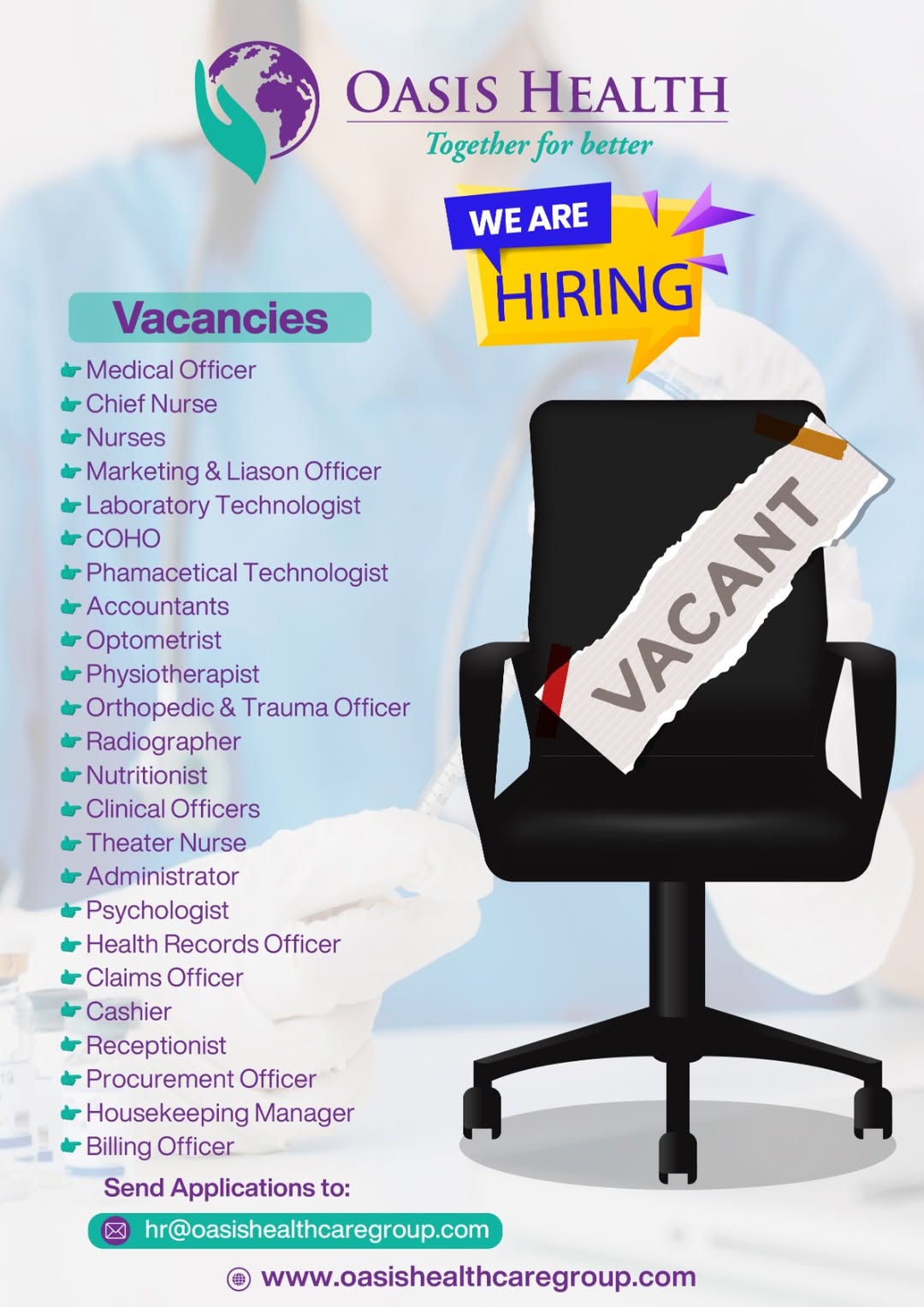 Oasis Health is Hiring: Multiple Medical and Administrative Vacancies Available Oasis Health is Hiring: Multiple Medical and Administrative Vacancies Available