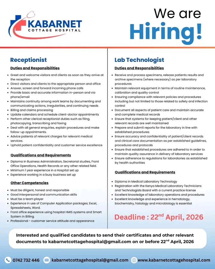 Receptionist & Lab Technologist Jobs